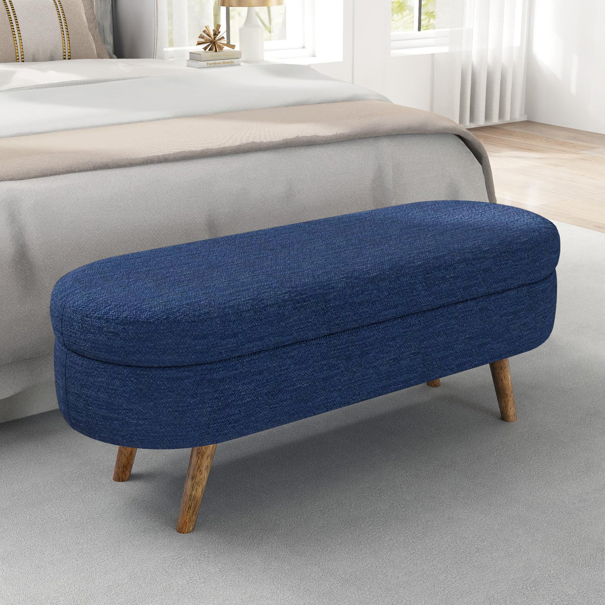Oval Storage Bench with Rubber Wood Legs, Blue R90962