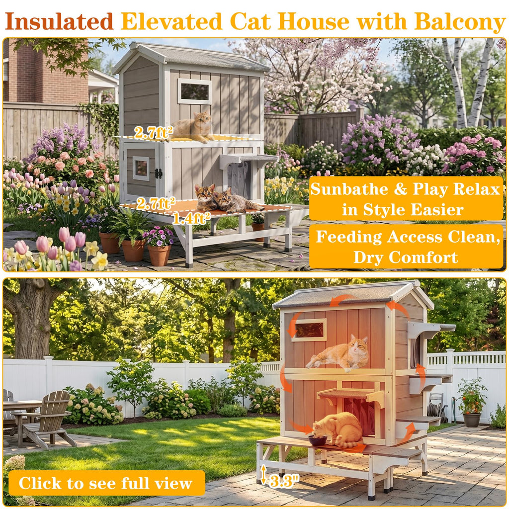 Insulated Outdoor Cat House 2-Story Wooden Shelter L410455