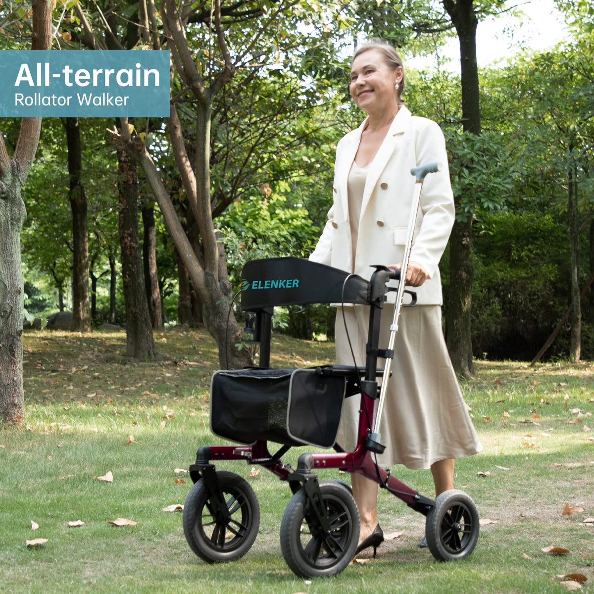 All-Terrain Rollator Walker with 12” Front Wheels, Compact Folding, Red M290