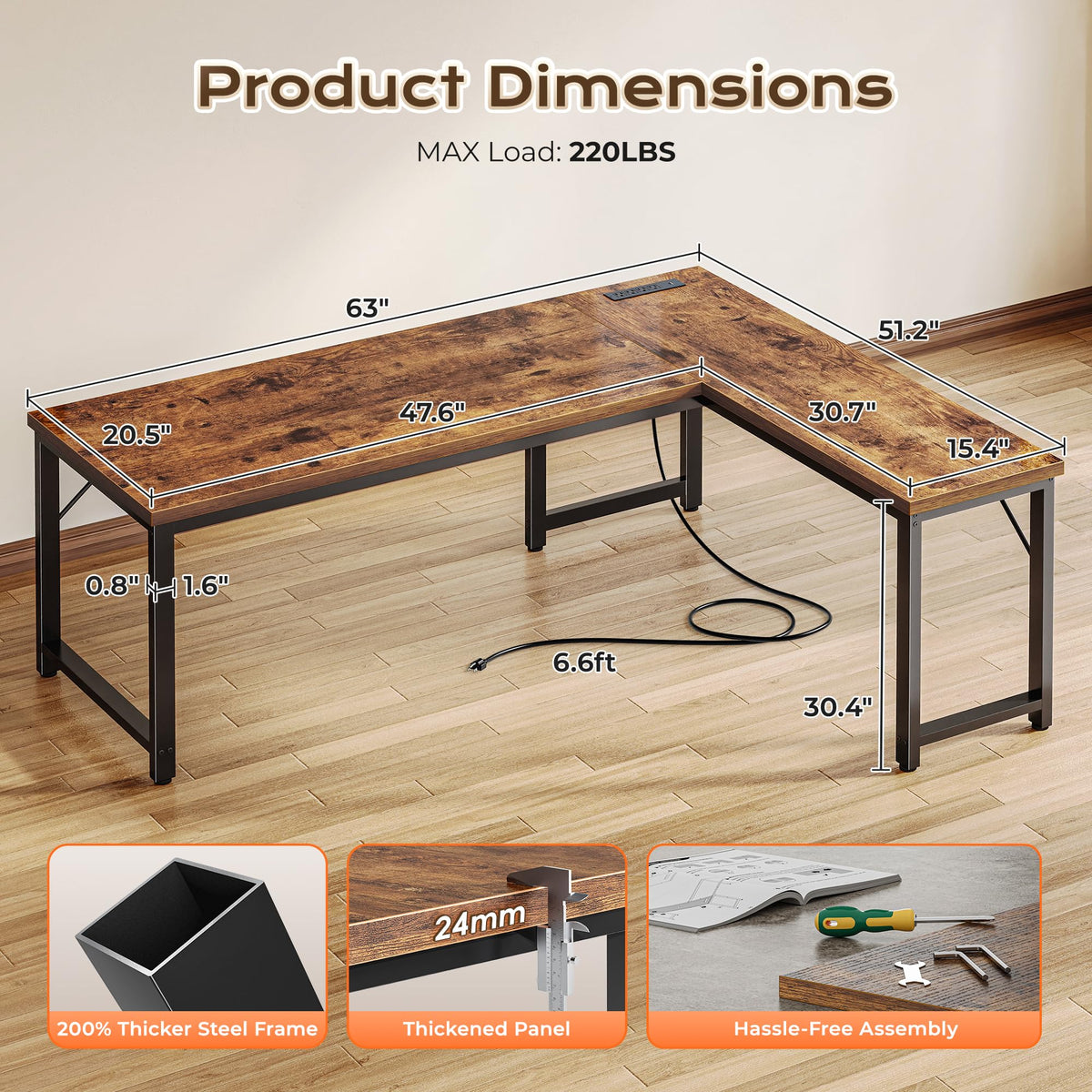 63 Inch L Shaped Desk with Power Outlets J2745