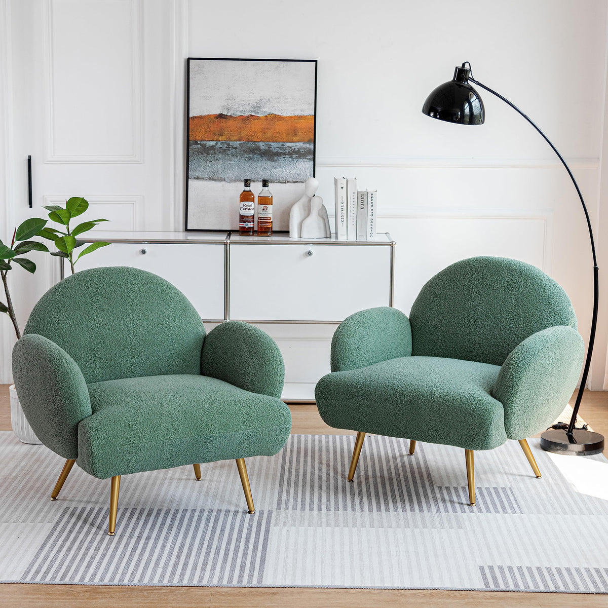 Green Sherpa Accent Chair Set of 2 with Gold Legs T1685